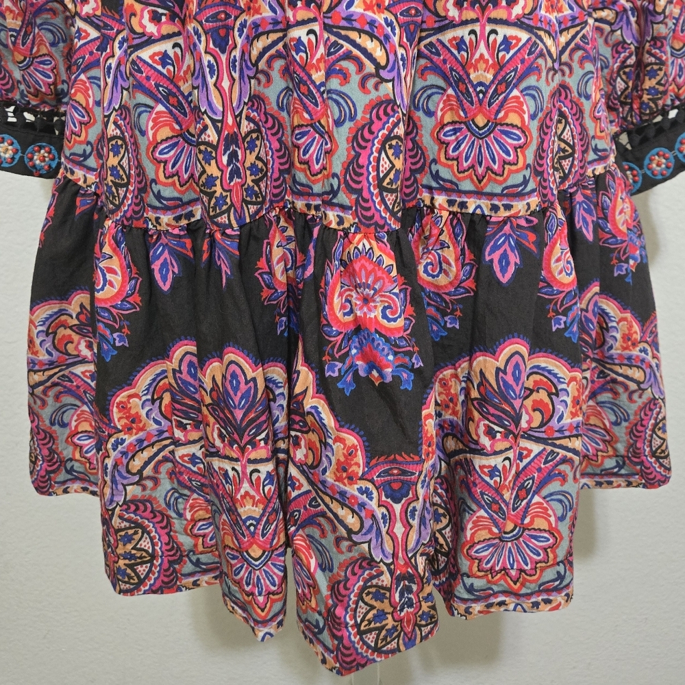 Anthropologie Boho Paisley Print Mock Neck Long Sleeve Mini Dress Size 0P - Picture 4 of 16